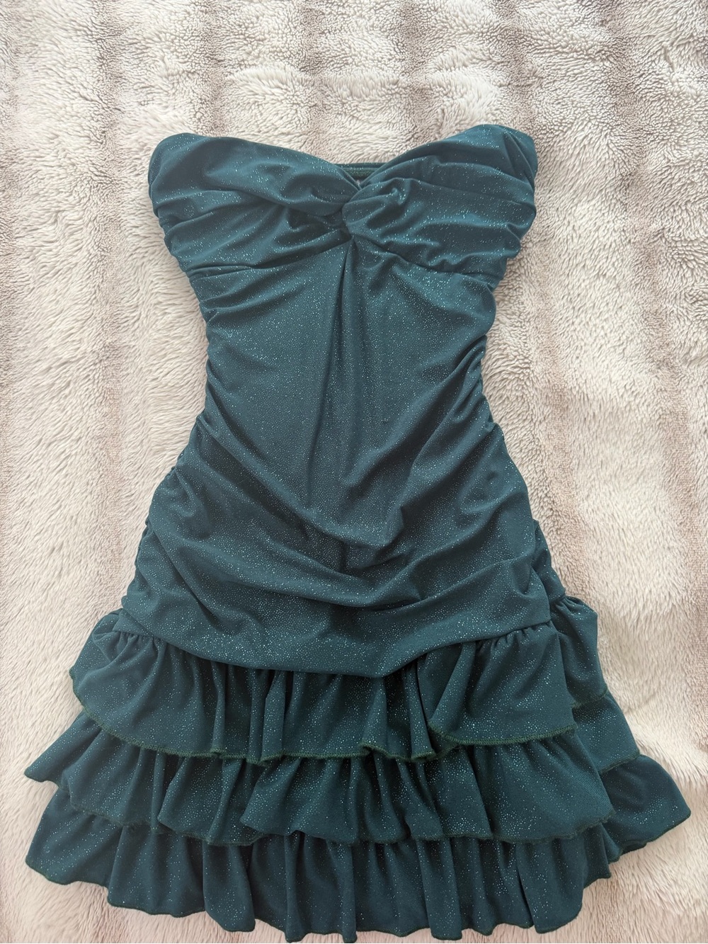 Windsor Teal Strapless Glitter Ruffle Dress